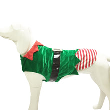 A festive pet costume featuring a green elf and Santa riding design, perfect for adding holiday cheer to your furry friend's wardrobe.