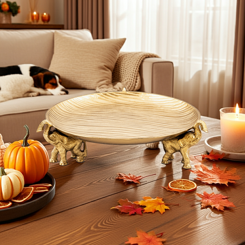 Round Decorative Tray with Elephant Stands