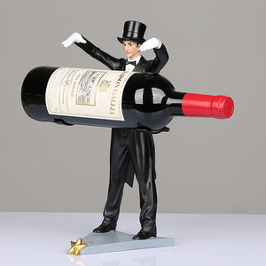 A whimsical wine holder featuring a magician figurine, adding a touch of enchantment and charm to your wine display.
