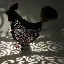 A decorative garden lamp featuring a rustic rooster design, powered by solar energy for eco-friendly illumination in outdoor spaces.