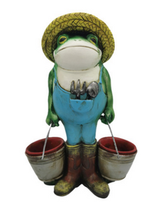 A whimsical garden decoration featuring a frog holding a bucket, crafted from resin to add charm and character to your outdoor space.