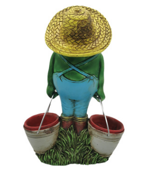 A whimsical garden decoration featuring a frog holding a bucket, crafted from resin to add charm and character to your outdoor space.