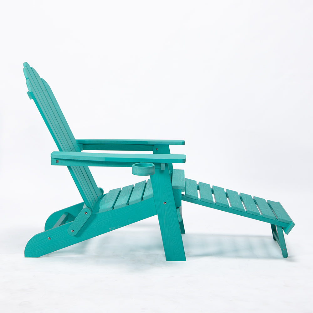 A versatile and comfortable Adirondack chair featuring a pullout ottoman and cup holder, perfect for relaxing outdoors with convenience and style