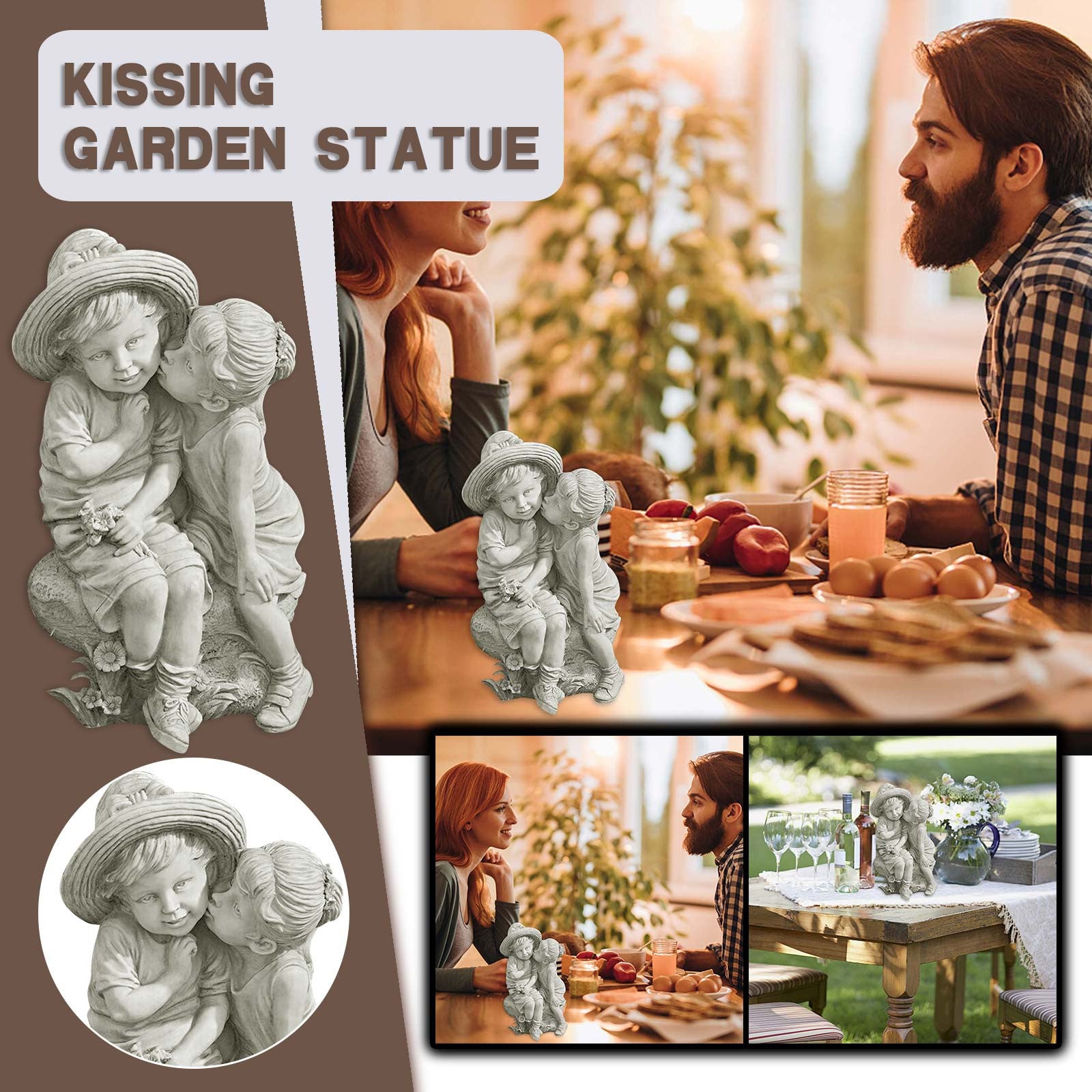 Resin Ornaments Garden Decoration Little Boy Girl Kiss Statue