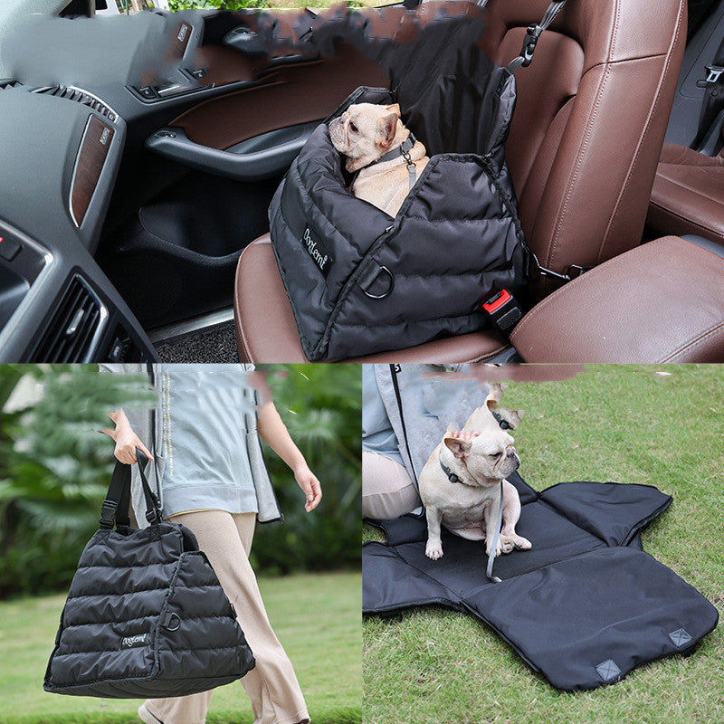 A versatile padded car seat designed for dogs, offering comfort and safety during travel, with multiple functions for convenience and ease of use.
