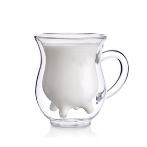  A charming double glass cup designed with a milk theme, perfect for serving beverages with a touch of cuteness and whimsy.