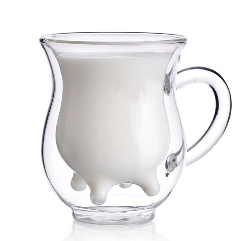  A charming double glass cup designed with a milk theme, perfect for serving beverages with a touch of cuteness and whimsy.