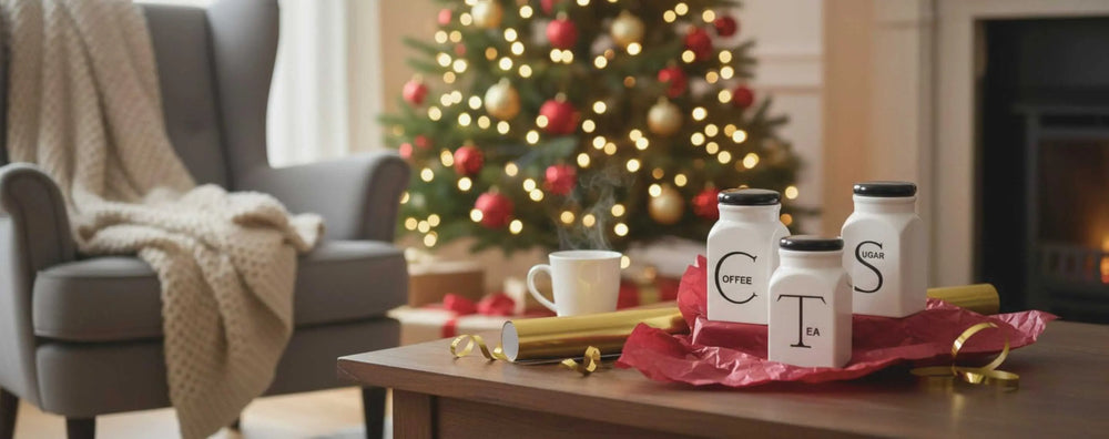 Cannister in an open gift wrapper