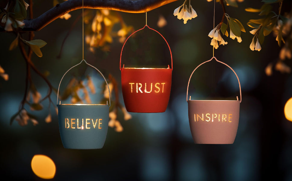Juuvana Set of 3 Decorative Candle Holder Lanterns with Motivational Messages - Believe, Trust, Inspire