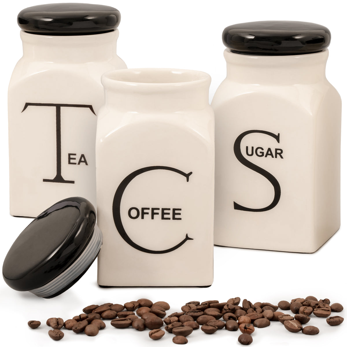 Ceramic Canister Set of 3 - Sugar, Coffee, & Tea Canisters Sets for the Kitchen - daisys-choice-homeware