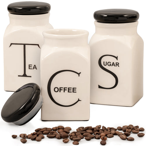 Ceramic Canister Set of 3 - Sugar, Coffee, & Tea Canisters Sets for the Kitchen