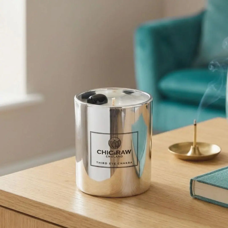 Third Eye Chakra Luxury Crystal Candle with Clear Quartz and Black Obsidian Chic & Raw England