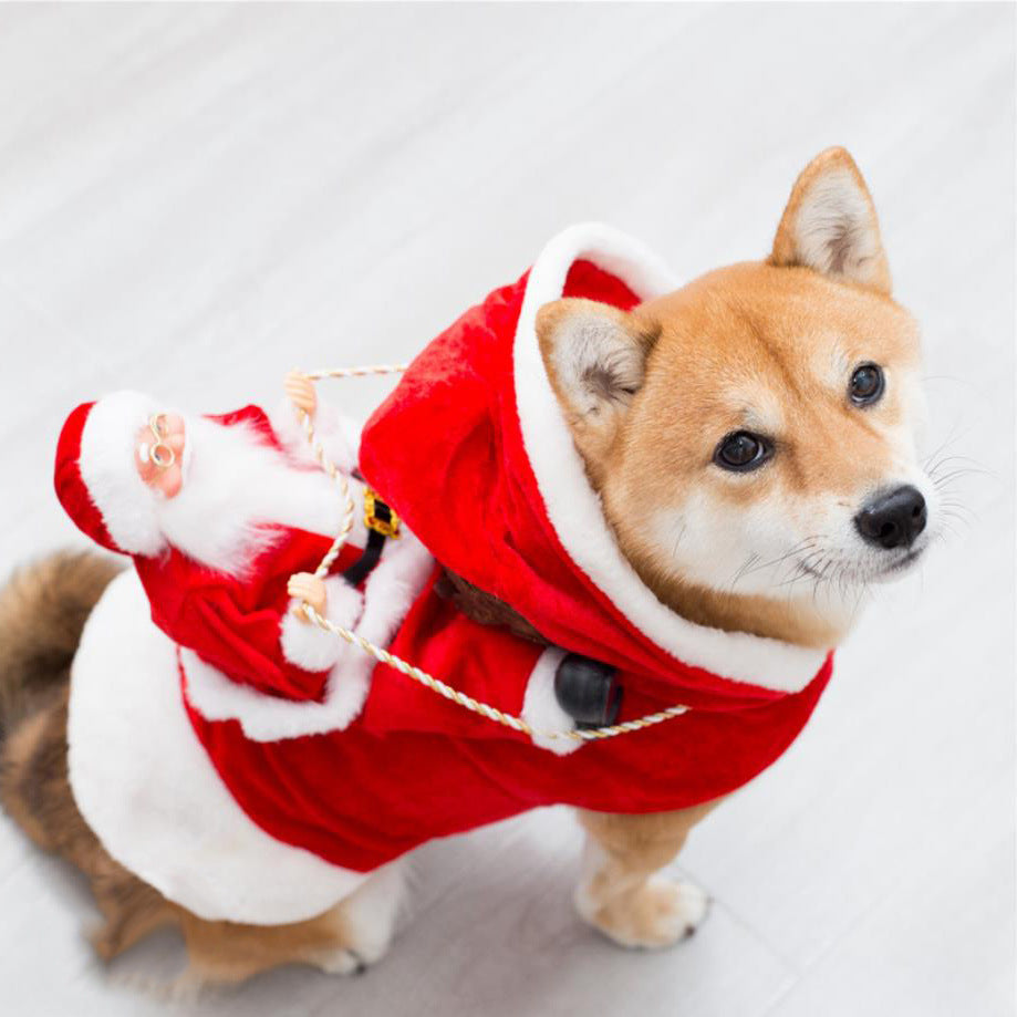 A festive pet costume featuring a green elf and Santa riding design, perfect for adding holiday cheer to your furry friend's wardrobe.