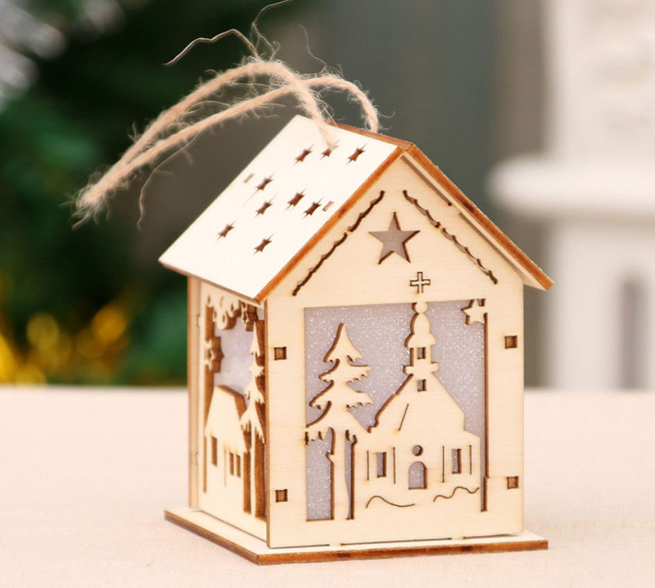 Christmas LED Light Wood House Decorations: Delightful wooden house decorations illuminated with LED lights, adding a cozy and festive ambiance to your holiday decor.