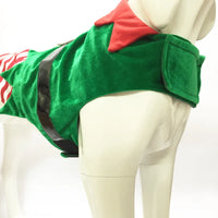 A festive pet costume featuring a green elf and Santa riding design, perfect for adding holiday cheer to your furry friend's wardrobe.