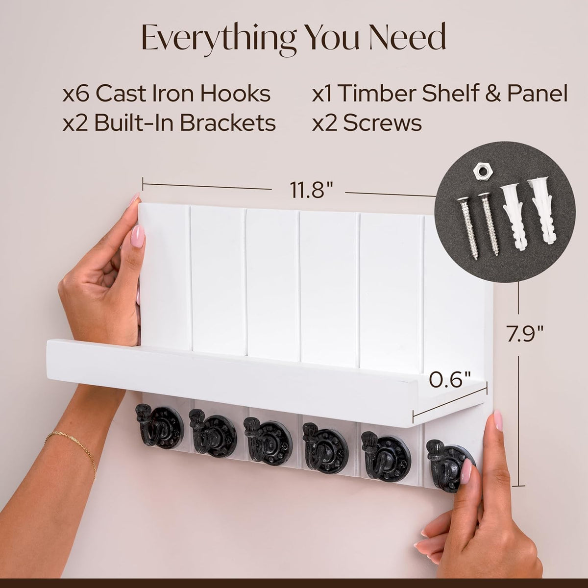 Wall Key Holder with Shelf  & Coat Hooks - Wall Shelf with Hooks