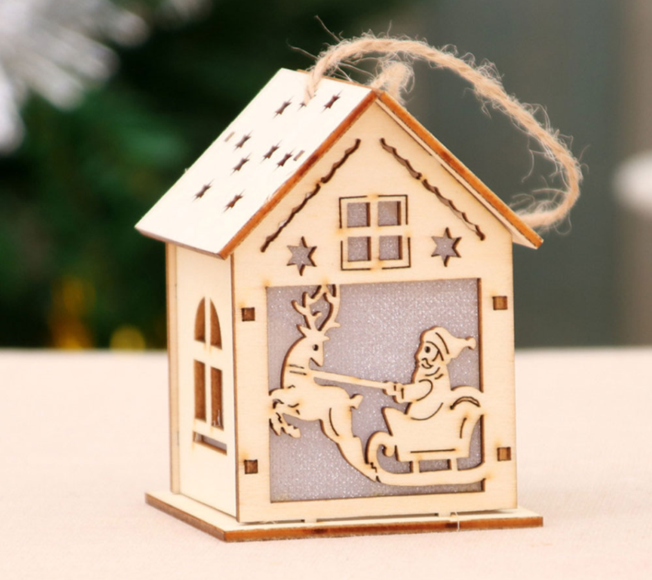 Christmas LED Light Wood House Decorations: Delightful wooden house decorations illuminated with LED lights, adding a cozy and festive ambiance to your holiday decor.