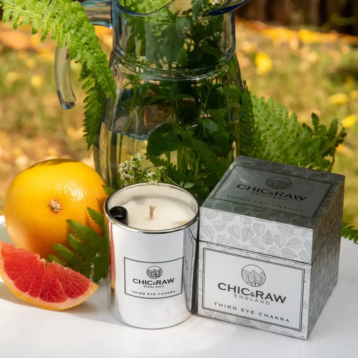 Third Eye Chakra Luxury Crystal Candle with Clear Quartz and Black Obsidian Chic & Raw England