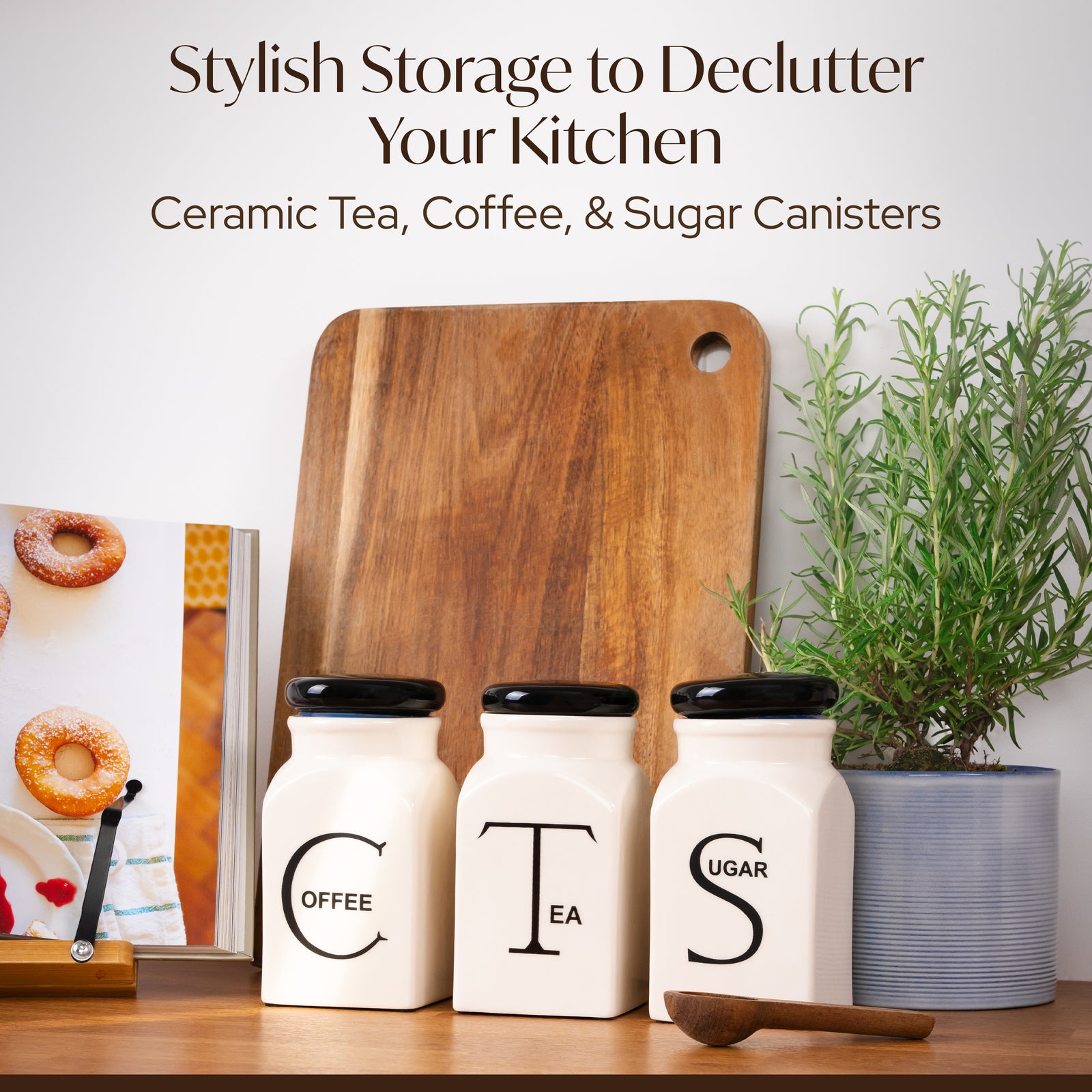 Ceramic Canister Set of 3 - Sugar, Coffee, & Tea Canisters Sets for the Kitchen