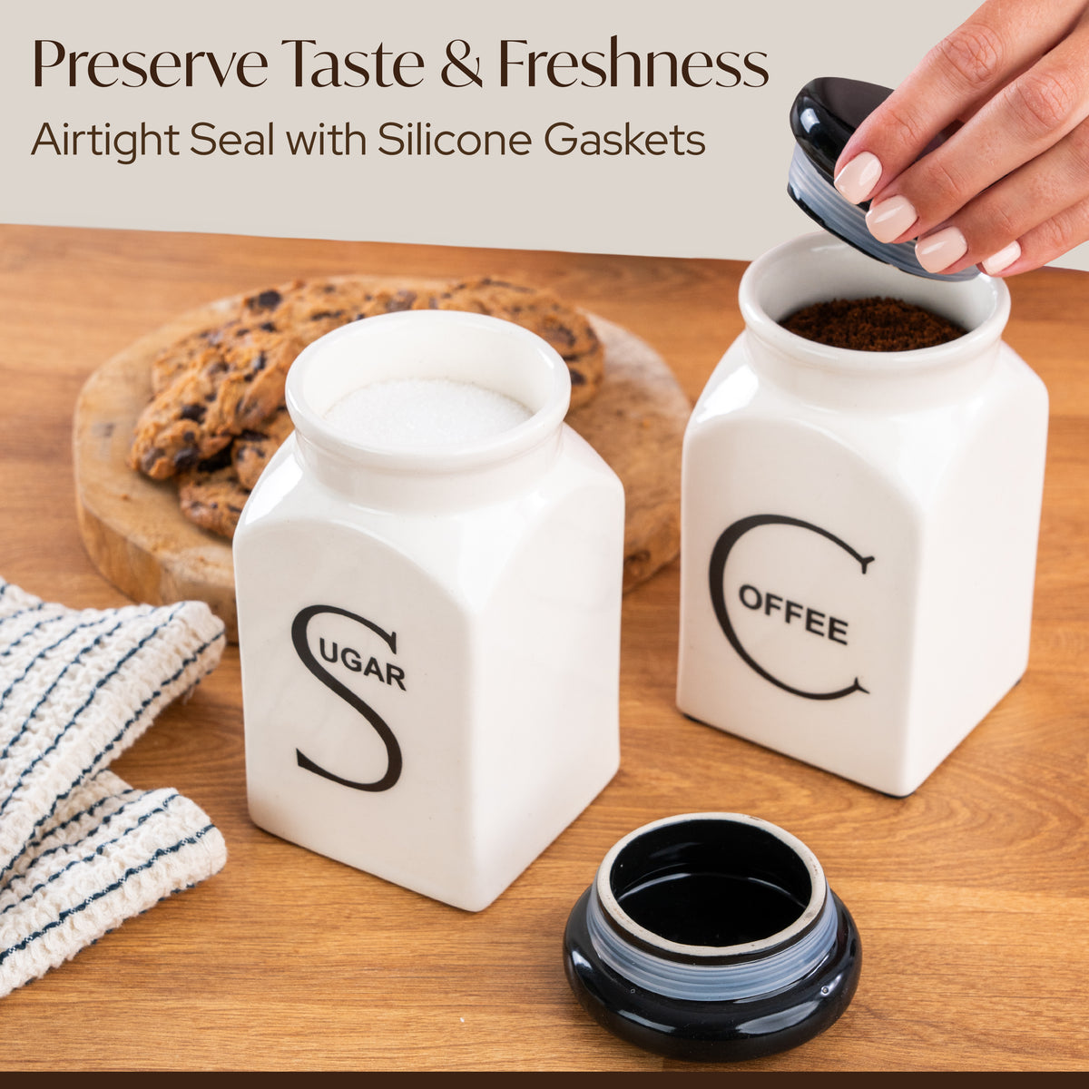 Ceramic Canister Set of 3 - Sugar, Coffee, & Tea Canisters Sets for the Kitchen - daisys-choice-homeware