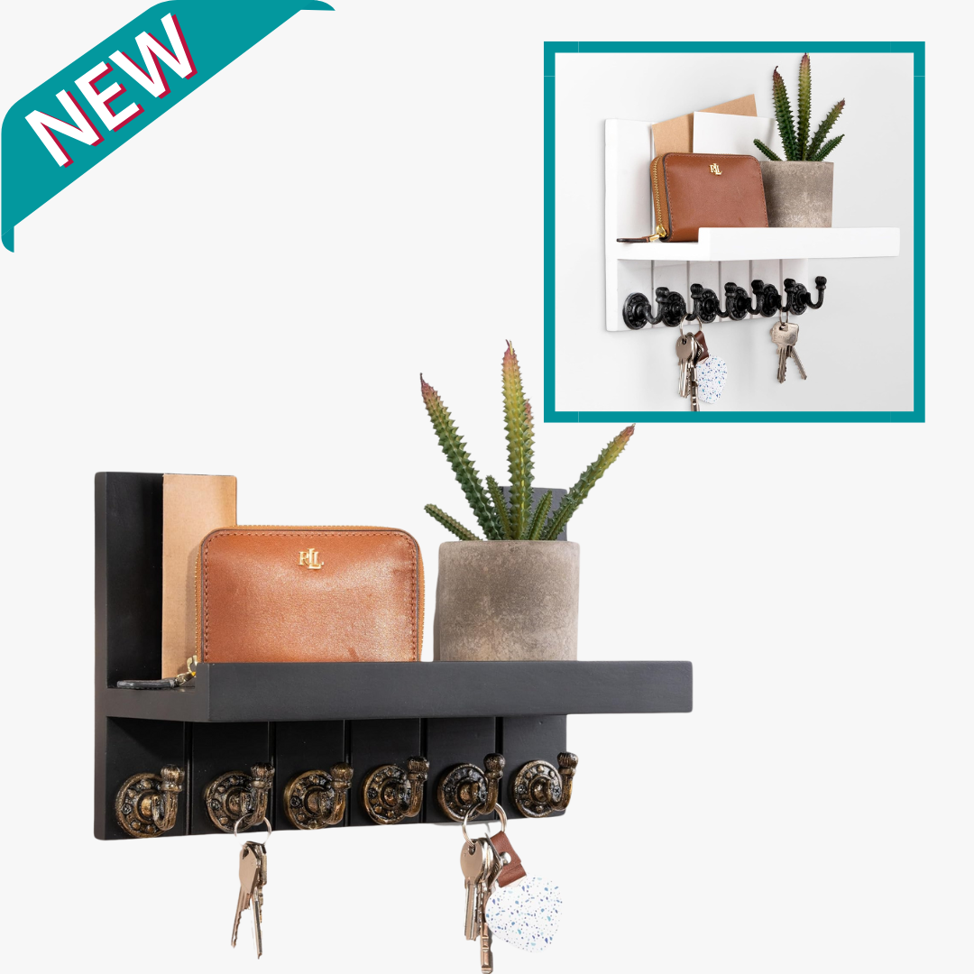 Wall Key Holder with Shelf  & Coat Hooks - Wall Shelf with Hooks