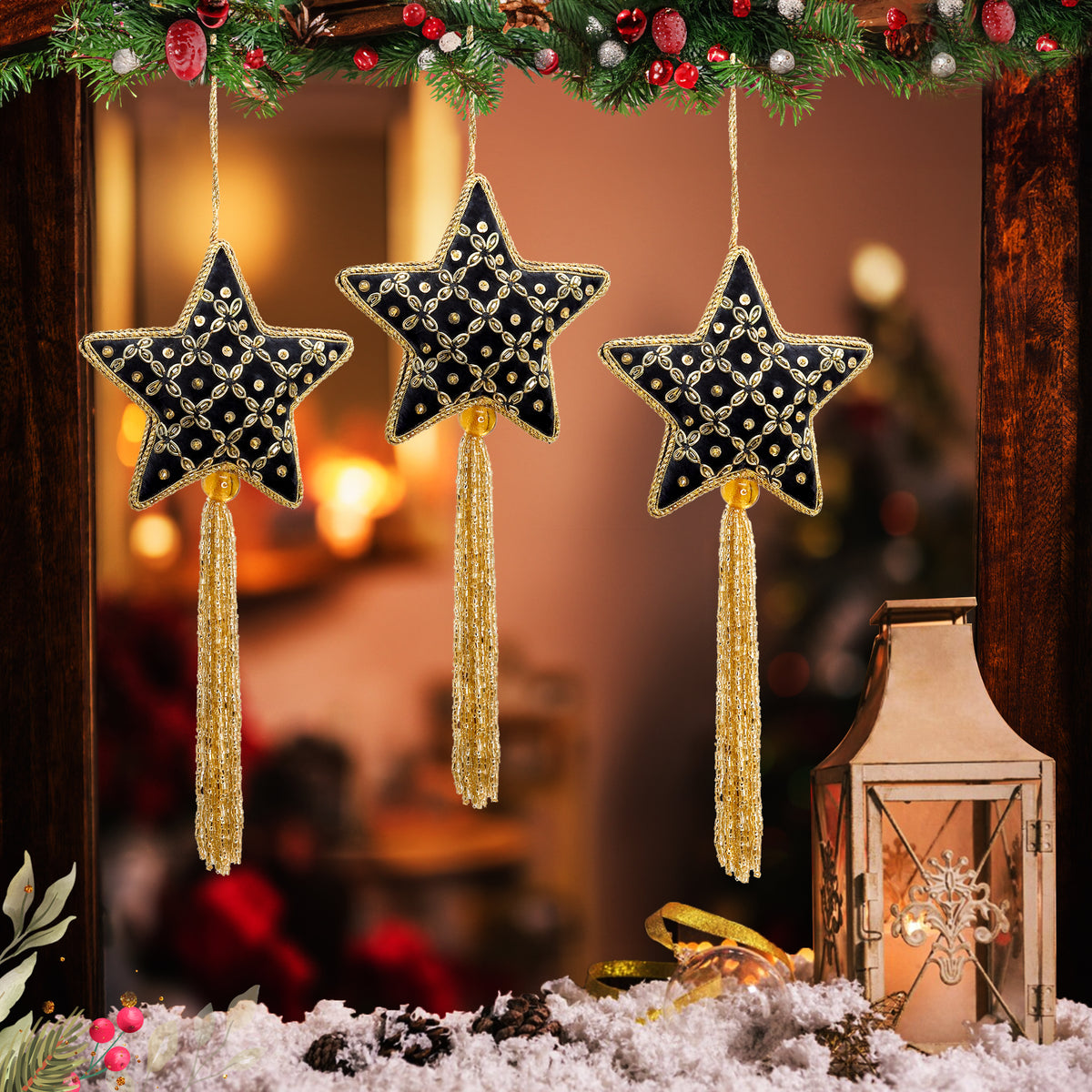 Christmas Ornaments with Tassels Holiday Decor for Tree, Mantle & Wall