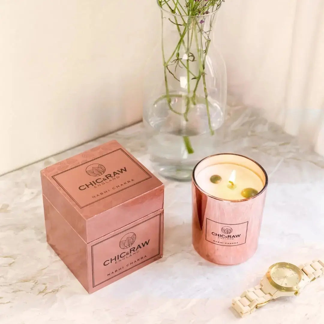 Lit green aventurine chakra candle, energy healing, organic wax