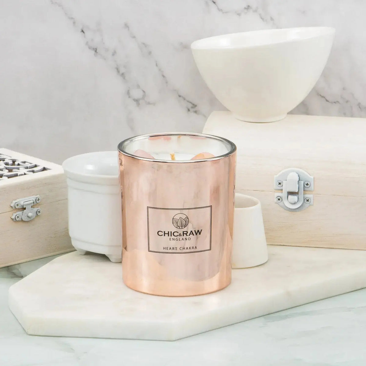 Rose Quartz Heart Chakra Luxury Crystal Candle Chic & Raw England