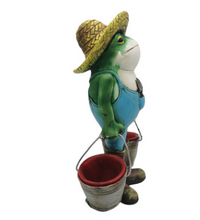 A whimsical garden decoration featuring a frog holding a bucket, crafted from resin to add charm and character to your outdoor space.