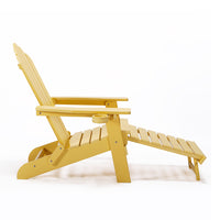 A versatile and comfortable Adirondack chair featuring a pullout ottoman and cup holder, perfect for relaxing outdoors with convenience and style