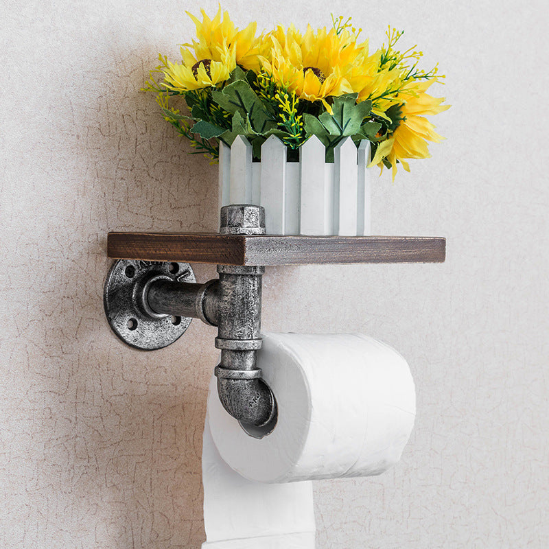 Industrial Pipe Toilet Paper Holder with Rustic Wooden Shelf and Cast Iron Pipe Hardware