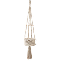 A stylish macrame plant hanger designed to hold flower pots, serving as both a functional planter and decorative wall accent.