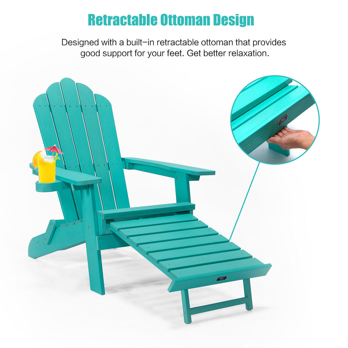 A versatile and comfortable Adirondack chair featuring a pullout ottoman and cup holder, perfect for relaxing outdoors with convenience and style