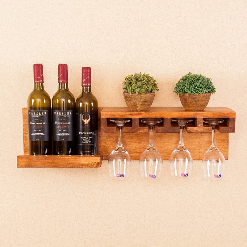 A modern and creative wine rack made from solid wood, designed to hang on the wall in dining rooms or living spaces, offering both functionality and aesthetic appeal.